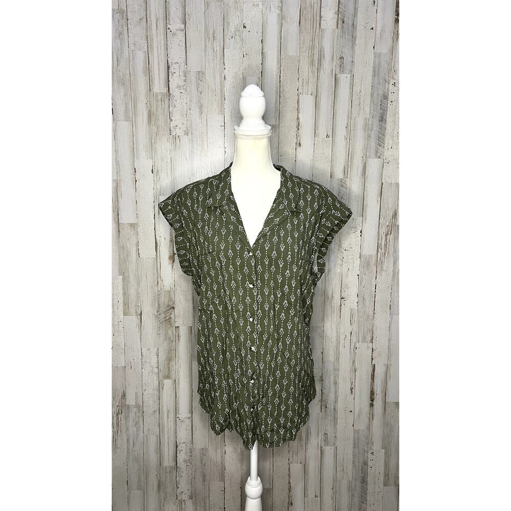 JACHS Girlfriend Women's XL Green Geometric Button Front Blouse